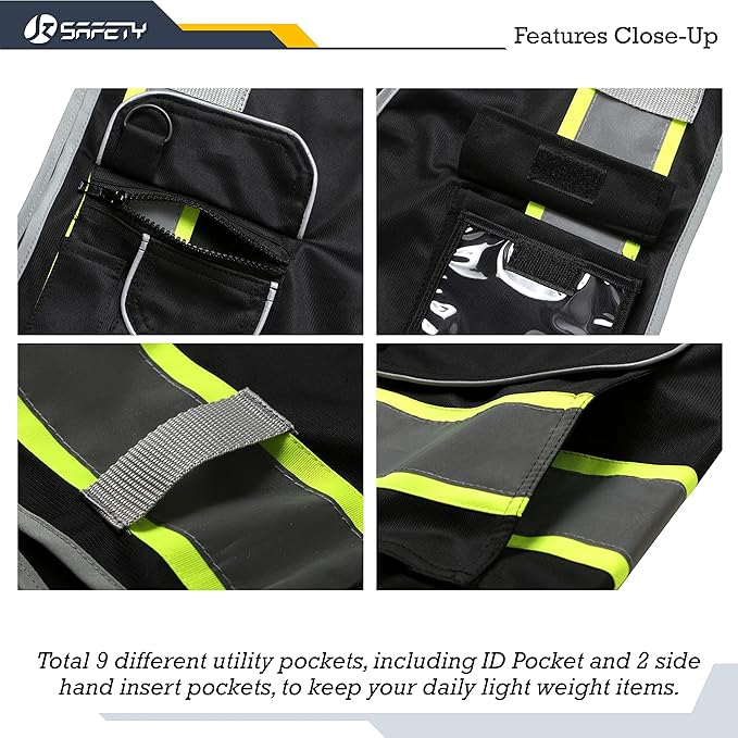 JKSafety 9 Pockets Hi-Vis Black Color Zipper Front Safety Vest Fluorescent Yellow Strips outlining the Reflective Tapes ANSI/ISEA Class 1 (901-Black, Medium)