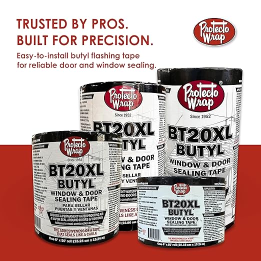 Protecto Wrap BT20XL Butyl Window Flashing Tape 6" x 50' – Professional Grade All Weather Waterproof Door & Sill Pan Sealing Tape | Self-Adhered Butyl Flashing for Windows & Sheathing Joints