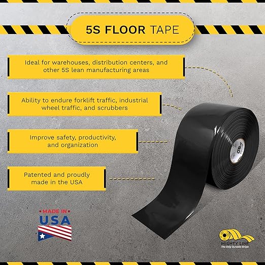 Mighty Line Solid Floor Marking Tape for Safety, Caution, Warning, Heavy-Duty, Peel and Stick Adhesive, Beveled Edge Design, Industrial Quality, 6 inch, 100' Roll, Black