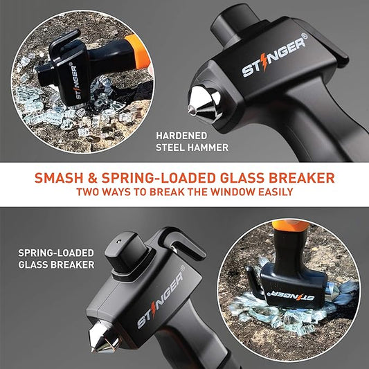 Stinger Super Duty Car Emergency Escape Tool - Hardened Carbon Steel Safety Hammer, Spring-Loaded Window Breaker, Razor-Sharp Seat Belt Cutter, Life-Saving Rescue Tool (Orange and Orange)