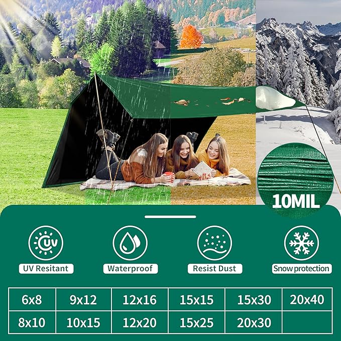 Tarp 12x16 ft Heavy Duty 100% Waterproof 10mil,UV Resistant,Durable Grommets and Reinforced Edges Green/Black Tarp for Camping, Swimming Pools,Car Coverage -by MVPNET