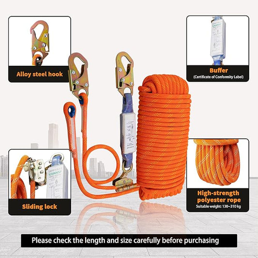 Fall Protection Safety Rope 25ft Heavy Duty Vertical Roofing Grab Snap Hook Shock Absorber Fall Protection Line Kit Restraint System Roofing Safety Equipment(25FT)