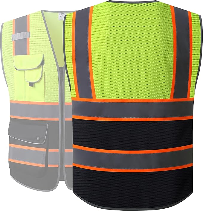 JKSafety 9 Pockets Hi-Vis Fluorescent Color Mesh Reflective Safety Vest for Men Women | Chaleco de seguridad para hombres y mujeres (100-Yellow-Black 5XL)