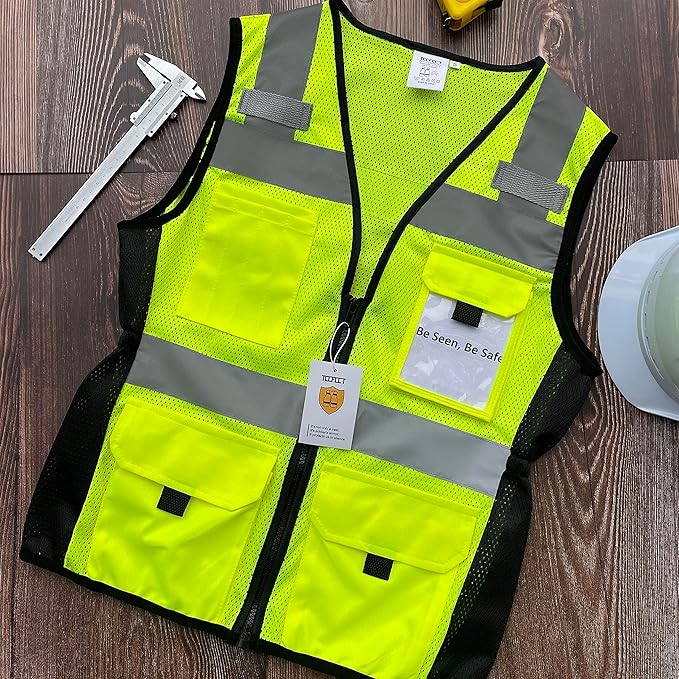 TCCFCCT Women High Visibility Vest 11 Pockets Snug-Fit Reflective Safety Vest with Reinforced Zipper, Neon Construction Work Vest for Lady Surveyors/Workers, Durable,Meets ANSI, Yellow L