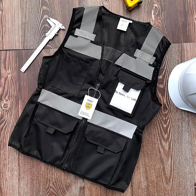 TCCFCCT Women Reflective Vest 11 Pockets High Visibility Mesh Safety Vest for Lady, Neon Construction Work Vest with Zipper, Snug-Fit, Durable with Reinforced Sewing, ANSI Compliant, Black S