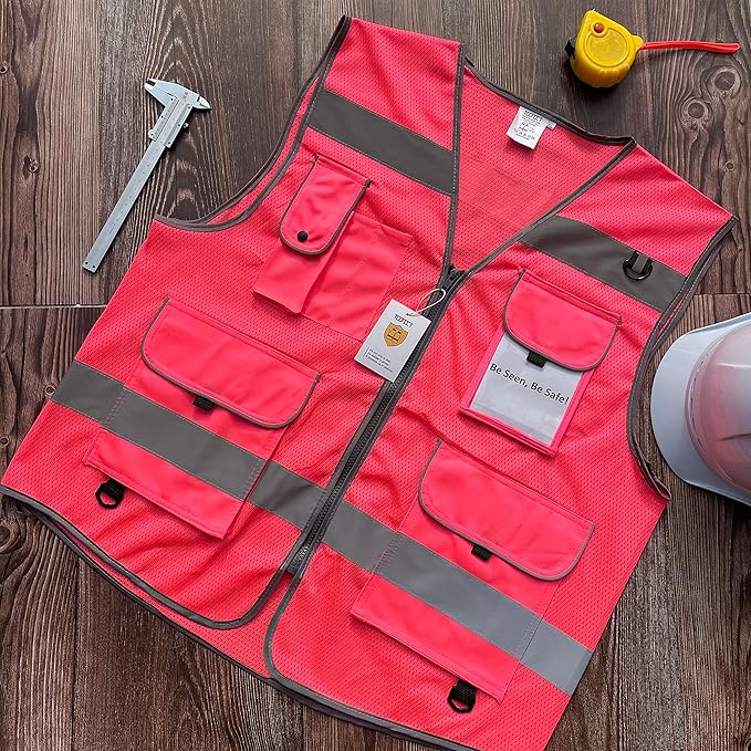 TCCFCCT Mesh Hi Vis Vest 9 Pockets High Visibility Reflective Safety Vest for Men Women, Safety Construction Vest with Reflective Strips, Meets ANSI/ISEA Standards, (Pink, Medium)