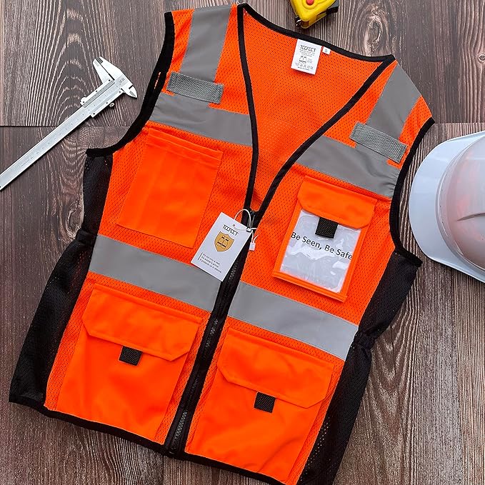 TCCFCCT Safety Vest for Women 11 Pockets Mesh Reflective Vest with Zipper, High Visibility Neon Construction Work Vest for Lady Surveyors/Warehouse, Snug-Fit, Durable, ANSI Compliant, Orange XS