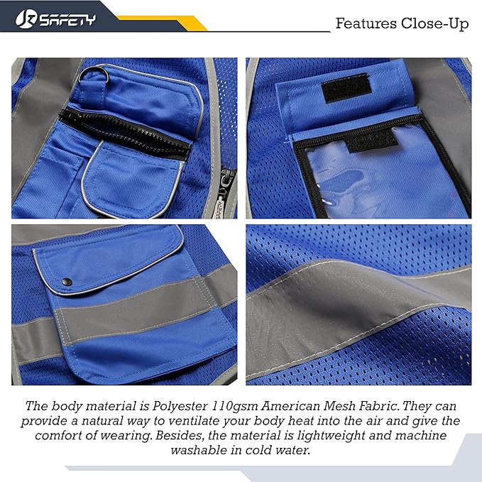 JKSafety 9 Pockets High Visibility Safety Vest for Men and Women, Hi-Vis Reflective Blue Safety Vests with Zipper Front, Meet ANSI/ISEA Standards (159-Blue XXL)