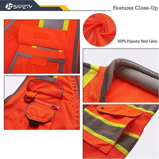 JKSafety 9 Pockets Hi-Vis Safety Vest Breathable Mesh Fabric Cushioned Collar Work Utility PPE Lightweight Industrial Work Gear ANSI/ISEA compliant (101-Orange L)
