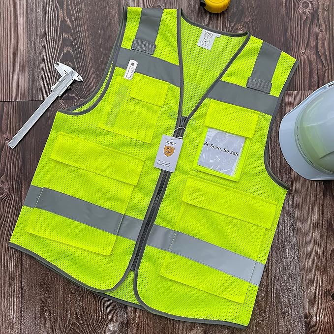 TCCFCCT Mesh Safety Vest 5 Pockets High Visibility Reflective Vest for Men Women, Durable Construction Vest with Horizontal Strip for Walkie-talkie, Meets ANSI/ISEA Standards, Yellow, L