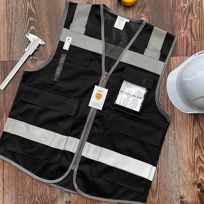 TCCFCCT Mesh Reflective Safety Vest 5 Pockets High Visibility Safety Vest for Men Women, Work Vest with Horizontal Strip for Walkie-talkie, Durable and Fashion, Meets ANSI/ISEA Standards, Black, L