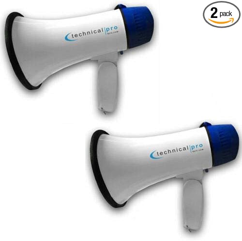 Technical Pro Megaphone 20 Watts Speaker PA with Up to 800 Yard Range for Use at Sports Events Camps Cheer Leading Coaches and Safety Drills - Features Adjustable Volume and Siren (2 Pack)