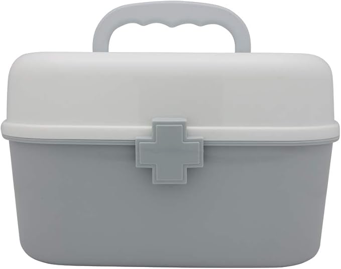 BangQiao Plastic First Aid Storage Box Container Bin with Removable Tray and Portable Handle, Family Emergency Medicine Kit Case Organizer, White&Gray