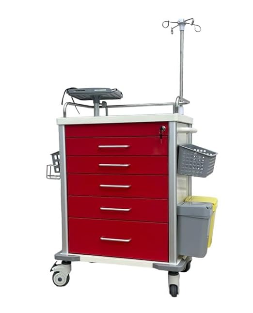 MS3C-600CR Hospital Emergency Crash Cart with Accessory Package with IV Pole, O2 Holder, Cardiac Board, Trash Can and Drawer Dividers