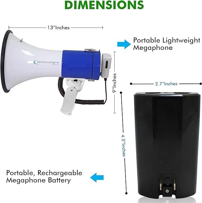 Technical Pro Rechargeable Portable 75-Watt Megaphone Bullhorn Speaker w/Siren & Detachable Microphone - Battery w/Battery a Built-in AC Wall Charger, Good for Trainers, Coaches, Cheer Leaders