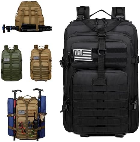 Military Tactical Backpack, Large Black MOLLE Assault Pack with American Flag Patch, 45L Waterproof Rucksack for Outdoor Hiking Camping (Black)