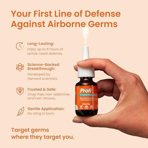 Profi Everyday Nasal Spray - Helps Defend Against Airborne Germs and Allergies, Lasts Up to 8 Hours, Advanced Nasal Spray for Air Travel, Work, Conferences & Indoor Gatherings - 180 Sprays, 0.58 FL OZ