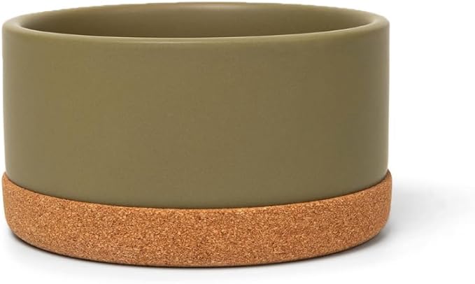 Waggo Corky Bowl – 4 Cup Non-Slip Pet Food and Water Ceramic Dish with Removable Cork Base – Dishwasher & Microwave Safe (Olive)