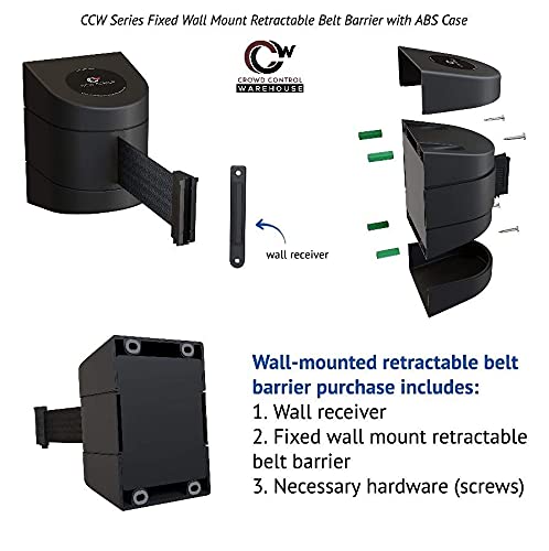 Crowd Control Warehouse - CCW Series WMB-230 Fixed Wall Mount Retractable Belt Barrier - 30 Foot, Black and Yellow Safety Belt with Yellow ABS Case, Crowd Control Barriers