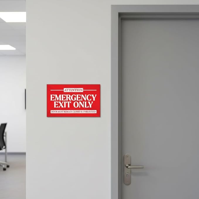 Premium Acrylic Emergency Exit Only Sign, Made in USA, 7.0x4.25 Emergency Exit Sign, Vibrant Red In Case of Fire Exit Signs for Business, Door Must Remain Closed & Unblocked Signs with Stickers