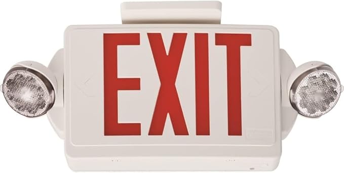 Lithonia Lighting Quantum LED Exit Sign/Emergency Light Combo, Exit Sign and Emergency Lights for Business, 2-Head Fixture, Red Letters, High Output Battery Backup, White (LHQM LED R HO M6)