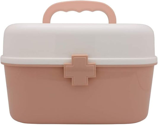 BangQiao Plastic First Aid Storage Box Container Bin with Removable Tray and Portable Handle, Family Emergency Medicine Kit Case Organizer, White&Pink