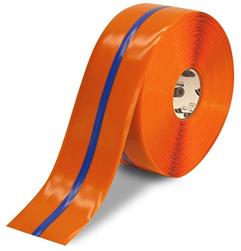 Mighty Line Solid Floor Marking Tape, Heavy-Duty, Peel and Stick Adhesive, Beveled Edge Design, Industrial Quality, 4 inch Orange Tape with Blue Center Line, 100' Roll