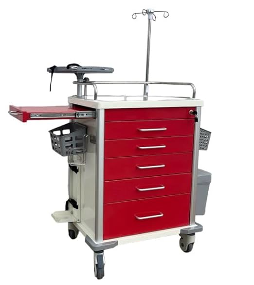 MS3C-600CR Hospital Emergency Crash Cart with Accessory Package with IV Pole, O2 Holder, Cardiac Board, Trash Can and Drawer Dividers