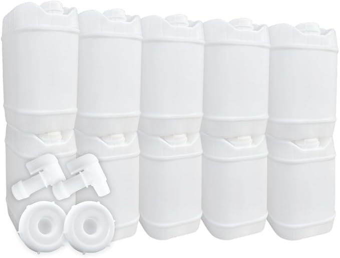 5-Gallon Stackable Water Storage Containers, 5 Gallon Tanks w/12 Lids + 2 Spigot, Easy Fill, Survial Supply Emergency Water Storage for Camping and Disaster Preparedness, RV, 50 Gallon (10 Tanks)
