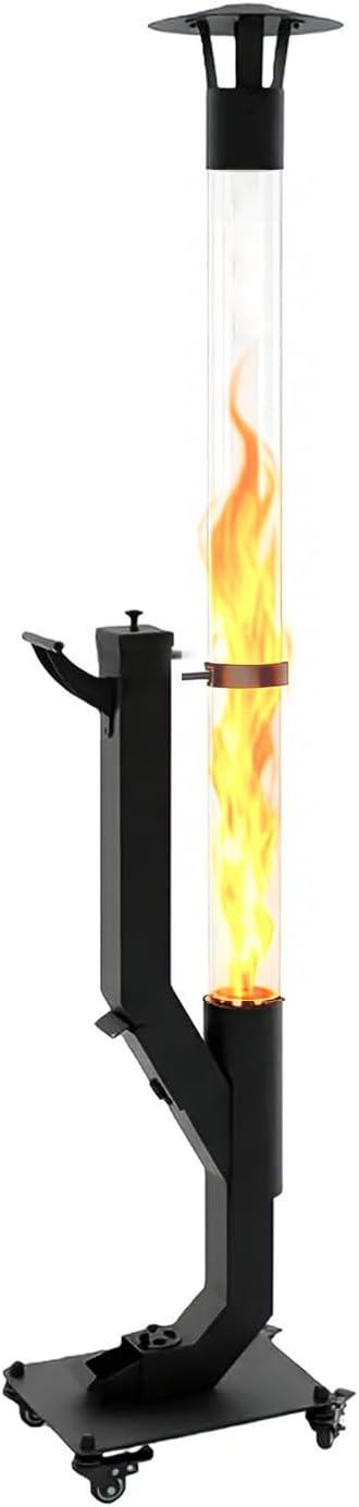 Wood Pellet Patio Pit, Portable Gravity Feed Outdoor Heater with Glass Tube Flame, Smokeless Non-Electric Rocket Pit for Backyard, Deck, Camping & RV (Black) (64" Wheels)