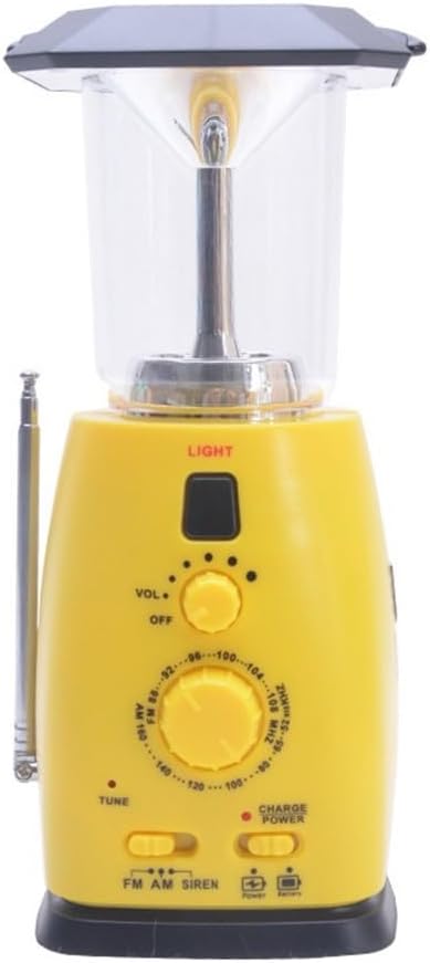 Solar Powered AM/FM Portable Radio with Hand Crank, USB Phone Charger, LED Camping Light, Compact 8.3 x 4.3 x 4.3 in Yellow
