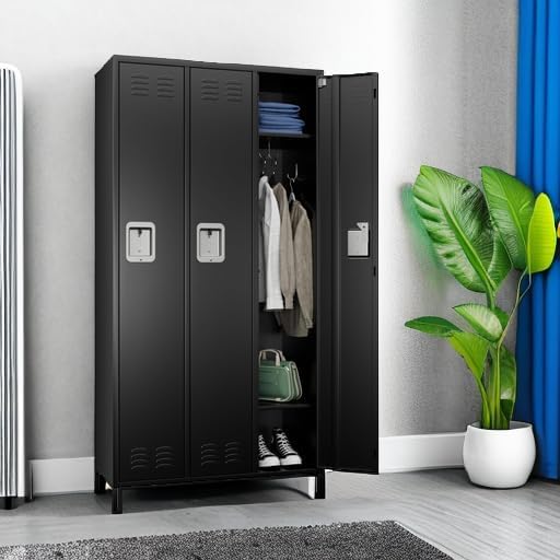 3 Doors Metal Lockers for Employees with Lock, Metal Locker with 9 Hooks for School Garage Office Gym Home,Assembly Required,Black