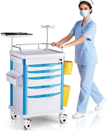 Medical Carts with Wheels, 5-Tier Storage, Adjustable IV Pole, Silent Casters, Trash Bins, O2 Holder, Needle Disposal Holder & CPR Board, Rolling Medical Cart for Hospital Salon Lab Clinic
