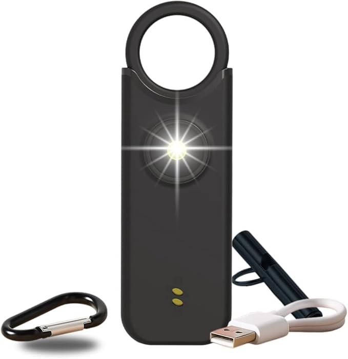 VOLTEK Personal Alarm Kit (Black) Women's Self-Defense Self-Defense Mini Self-Defense Alarm Key Ring + Personal Emergency Whistle Powerful Siren Lamp 135 DB, USB-C Rechargeable, Guide Included