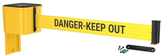 WM412 Retractable Belt Wall Mounted Yellow Crowd Control Barrier and Receiving End, 15' Danger Keep Out Belt