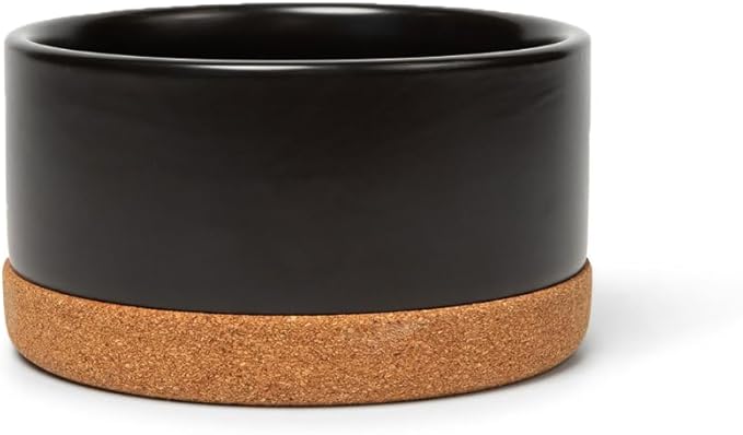 Waggo Corky Bowl – 4 Cup Non-Slip Pet Food and Water Ceramic Dish with Removable Cork Base – Dishwasher & Microwave Safe (Black)