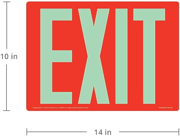 Glow in the Dark Exit Sign, 2 Pack 14" x 10" Permanent Self Adhesive Vinyl, OSHA, NFPA, IFC, ASTM, DIN, ISO, IMO RES, PSPA Compliant, J. J. Keller & Associates, Inc.