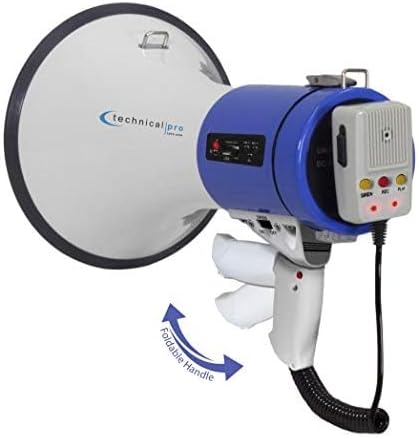 Technical Pro Portable Lightweight 75-Watt Megaphone Bullhorn w Siren, Detachable Microphone & Strap - Professional Outdoor Voice for Police & Cheer Leading