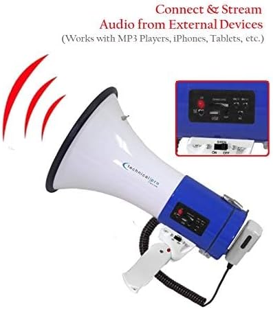 Technical Pro Portable Lightweight 75-Watt Megaphone Bullhorn w Siren, Detachable Microphone & Strap - Professional Outdoor Voice for Police & Cheer Leading