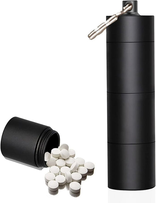 Portable Keychain Pill Holder Case, EFFIET 3 Compartments Metal Pocket Emergency Pill Container Dispenser Box Outdoor Medicine Bottle Tin for Daily Supplyment (Black)