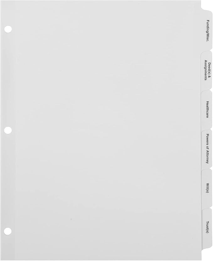Exhibitindexes® Estate Planning Dividers – White 6-Tab Set for 3-Ring Binders | Keep Important Documents Organized | Made in The USA
