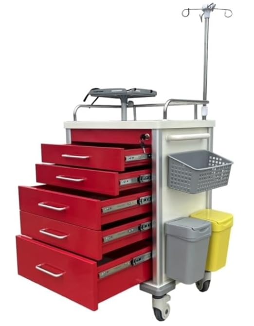 MS3C-600CR Hospital Emergency Crash Cart with Accessory Package with IV Pole, O2 Holder, Cardiac Board, Trash Can and Drawer Dividers