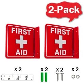 T&R First Aid Sign, First Aid with Cross Symbol - 2 Pack - 6 x 6 Inches Acrylic, 2 pre-drilled holes, Includes Matching Screws, Use for Office/Business