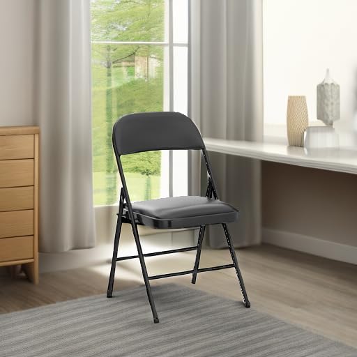 Nazhura 4 Pack Folding Chairs with Padded Cushion and Back, Khaki Metal Chairs with Comfortable Cushion and Durable Steel Frame for Home and Office, for Indoor and Outdoor Events (Black, 4 Pack)