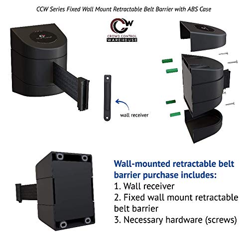 Crowd Control Warehouse - CCW Series WMB-220 Fixed Wall Mount Retractable Belt Barrier - 15 Foot, Green and White Diagonal Belt with Black ABS Case