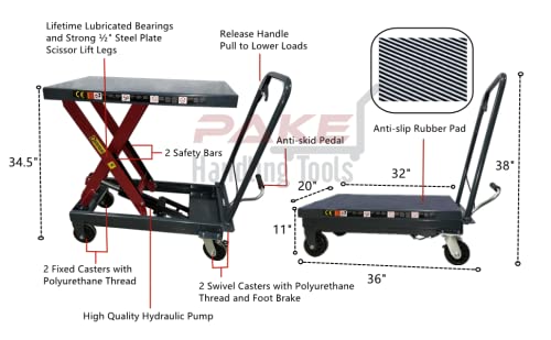 Hydraulic Lift Cart 1000lb Cap. 11" to 34.5" Lift Height 32" x 20" Platform Pake Handling Tools