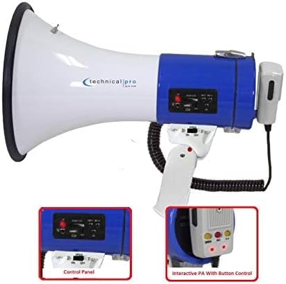 Technical Pro Portable Lightweight 75-Watt Megaphone Bullhorn w Siren, Detachable Microphone & Strap - Professional Outdoor Voice for Police & Cheer Leading