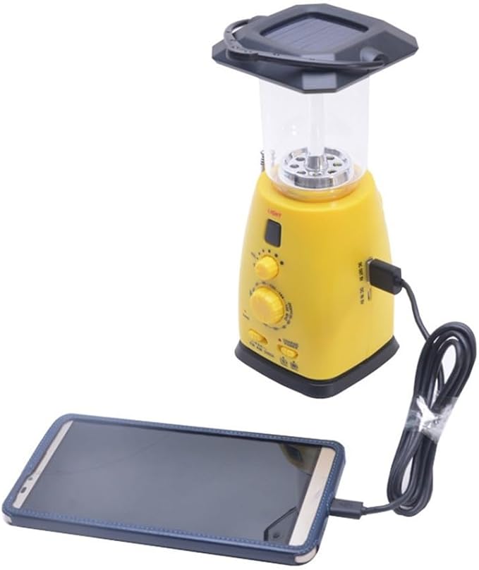 Solar Powered AM/FM Portable Radio with Hand Crank, USB Phone Charger, LED Camping Light, Compact 8.3 x 4.3 x 4.3 in Yellow
