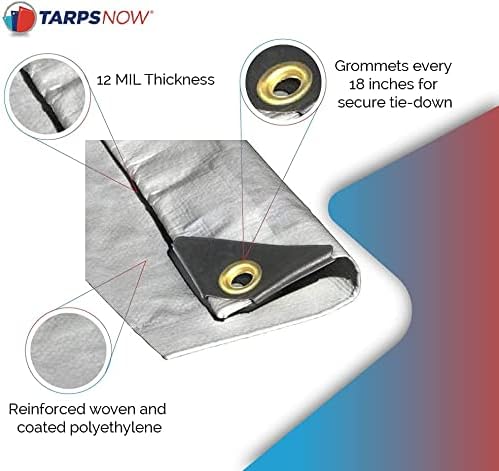Heavy Duty Waterproof Tarp 6x8 | 12 Mil Thick Silver Poly Tarpaulin with Aluminum Grommets | Large Outdoor Weatherproof Cover for Roof, Landscaping | UV Resistant Tarp with Reinforced Edges