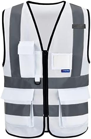 A-SAFETY Hi Reflective Safety Vest,Hi Vis Bright Neon Colors Safety Vest with 4 Reflective Strips 7 Pockets(White M)